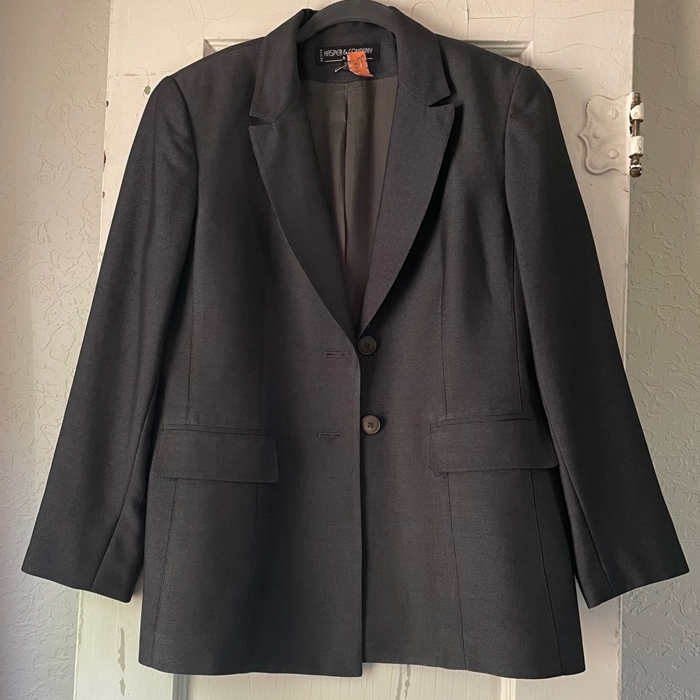 Kasper & Company ASL Petite Dark Grey Textured Two Button Blazer Jacket 10P